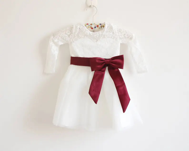 Light Ivory Flower Girl Dress, Long Sleeve Flower Girl Dress, Burgundy Flower Girl Dress, Lace Tu... | Etsy (US)
