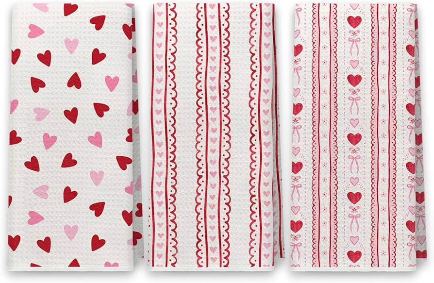 Coquette Pink and Red Heart Valentine's Day Hand Tea Towels for Bathroom Kitchen Decor Set of 3, ... | Amazon (US)