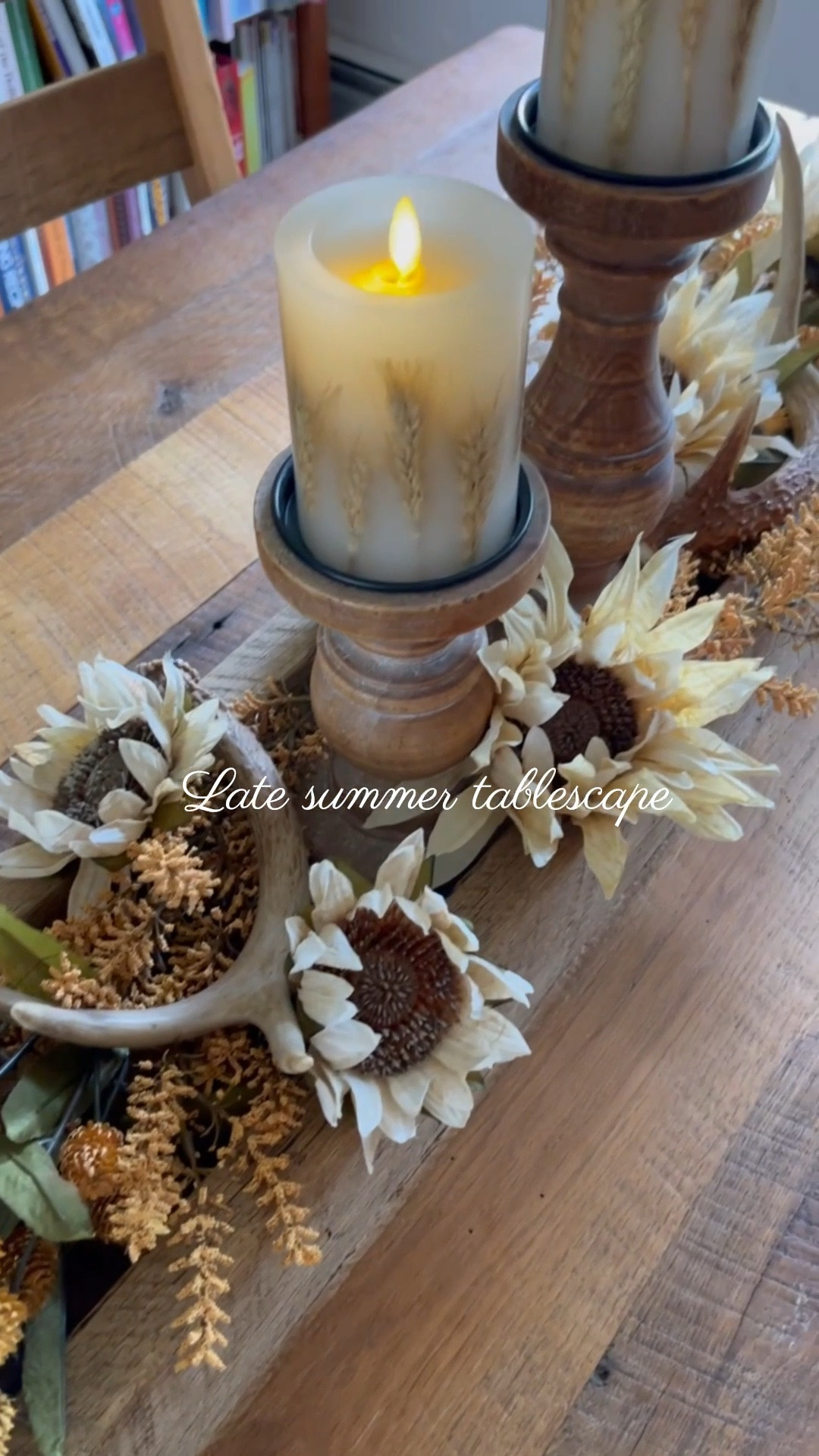 Late summer or early fall dining room tablescape with white sunflowers, wheat stems, brown florals

#LTKHome #LTKSaleAlert #LTKSeasonal