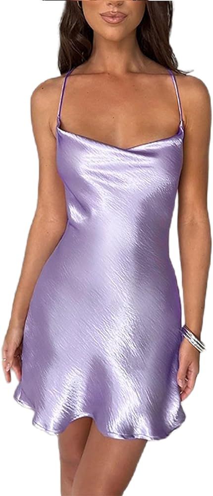 Summer Dress for Women Satin Mini Dress Low Cut A-line Sexy Bodycon Dress Wrap Dress Night Club D... | Amazon (US)