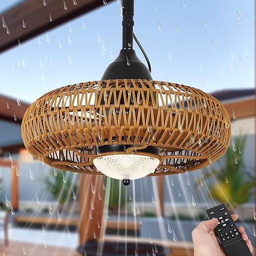 Airposta Brown Iron and Plastic Rattan Farmhouse Boho Rustic Ceiling Fan with Remote Control, Dim... | Amazon (US)