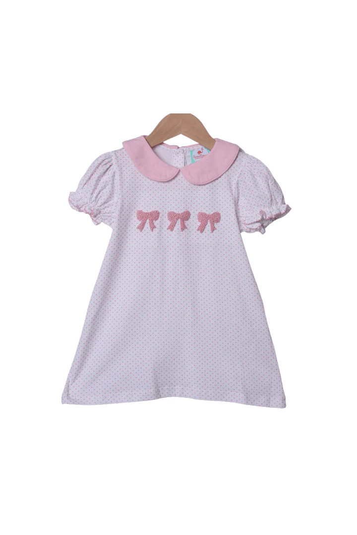 French Knot Bow Pink Dot Dress | The Smocked Flamingo