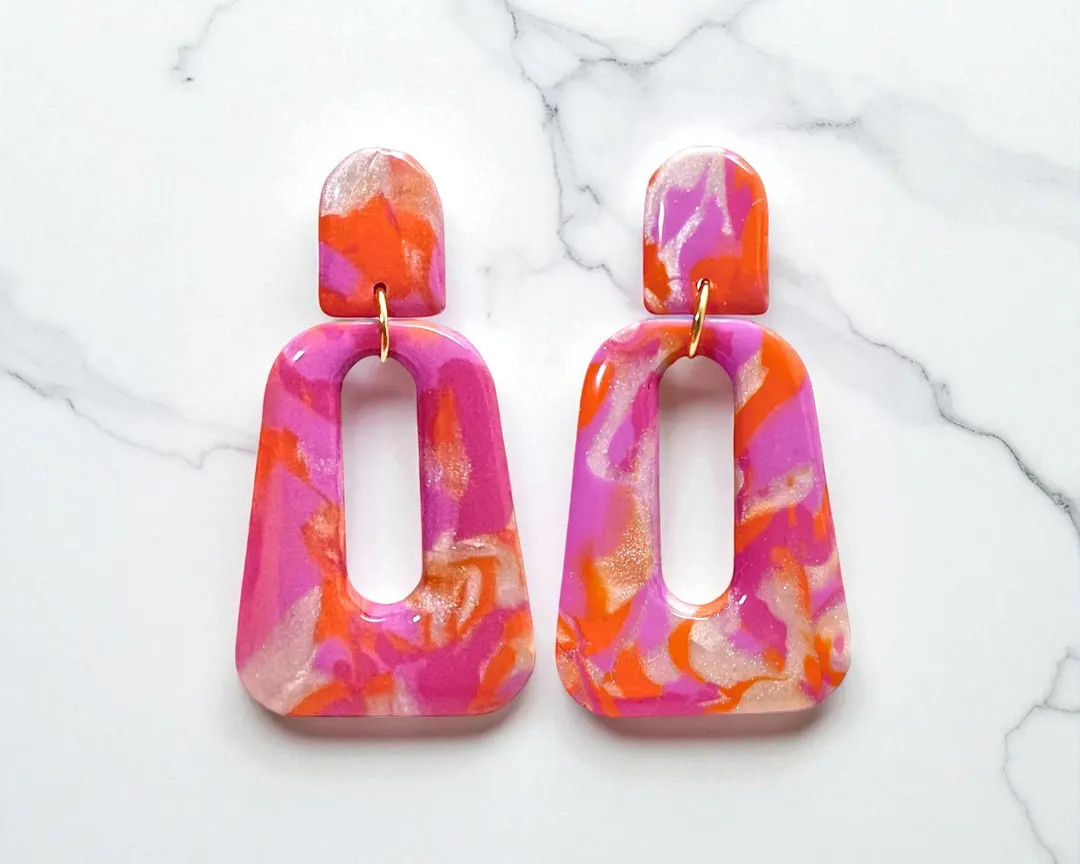 Pink and Orange Dangle Drop Earrings, Handmade Polymer Clay Earrings, Pierced or Clip on Earrings... | Etsy (US)