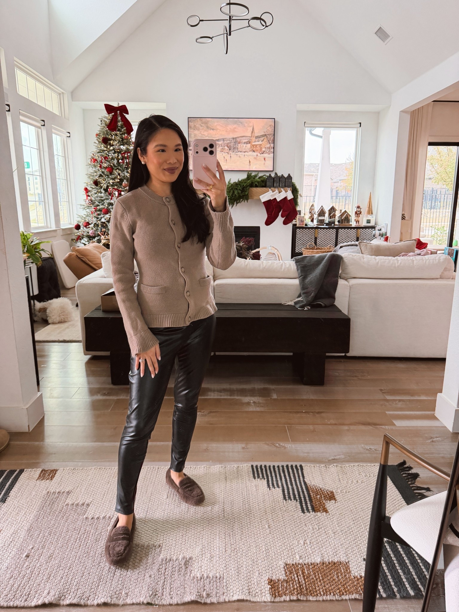 Cozy bump friendly outfit in merino wool cardigan, faux leather maternity leggings, and Sherpa moccasins! Perfect for a cold day 

#LTKmomlife #LTKSeasonal #LTKootd