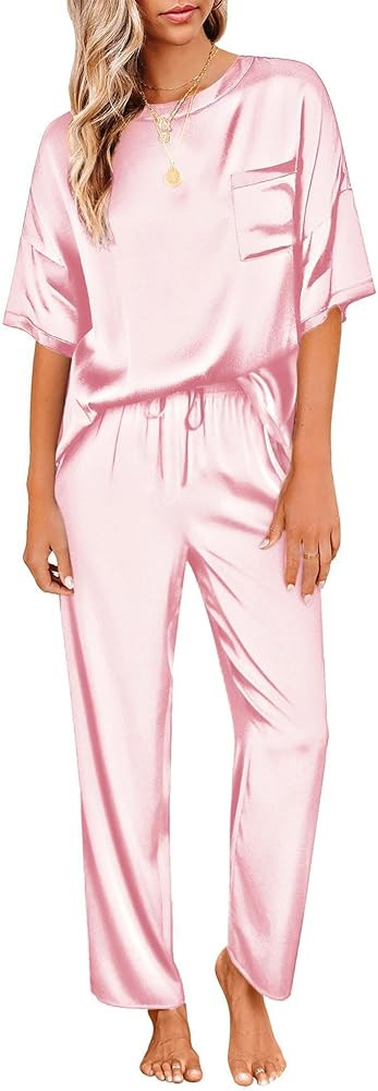 Ekouaer Womens Satin Silky Pajama Set Short Sleeve Shirt with Long Pajama Pant Set Soft PJ Lounge... | Amazon (US)