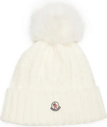 Moncler Virgin Wool & Cashmere Rib Beanie with Faux Fur Pompom | Nordstrom | Nordstrom