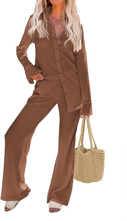 Ekouaer Womens 2 Piece Outfits Long Sleeve Button Down Shirt and Pants Matching Sets Loose Casual... | Amazon (US)