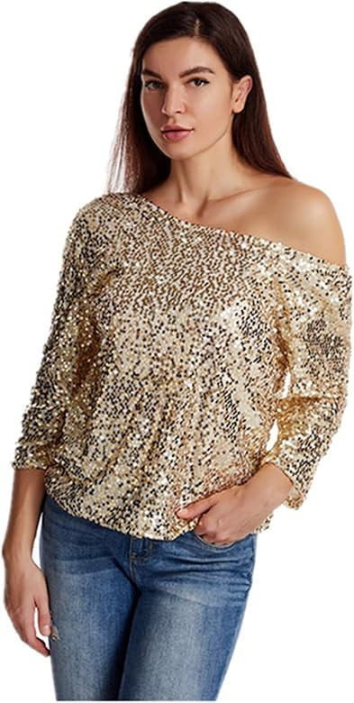 Women's Sparkle Sequins Off Shoulder Tank Top Blouse Cocktail Casual Glitter Sequined T-Shirt Tops | Amazon (US)
