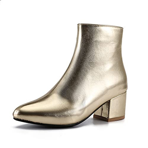 LIURUIJIA Womens Pointed Toe Ankle Boots Mid Chunky Heel Side Zipper Lined Fall Winter Fashion Boots Gold 41 US 8.5 | Amazon (US)