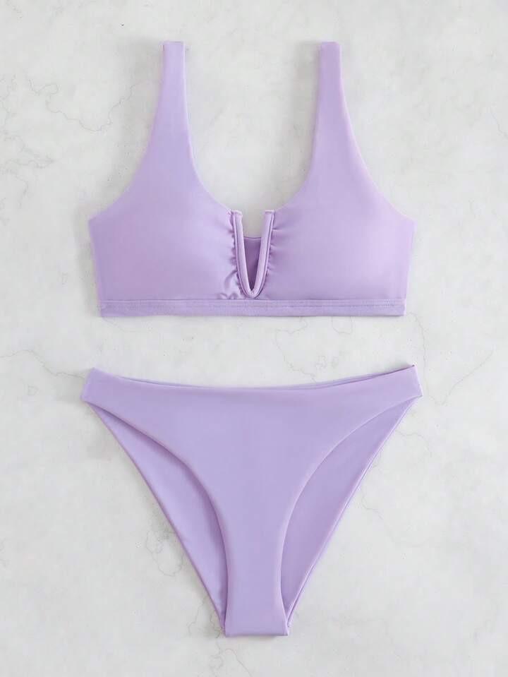 Plain V Neck Bikini Swimsuit | SHEIN
