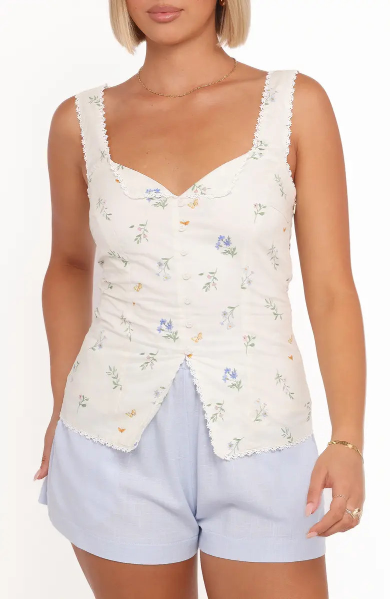 Ana Floral Embroidered Lace Trim Split Front Top | Nordstrom