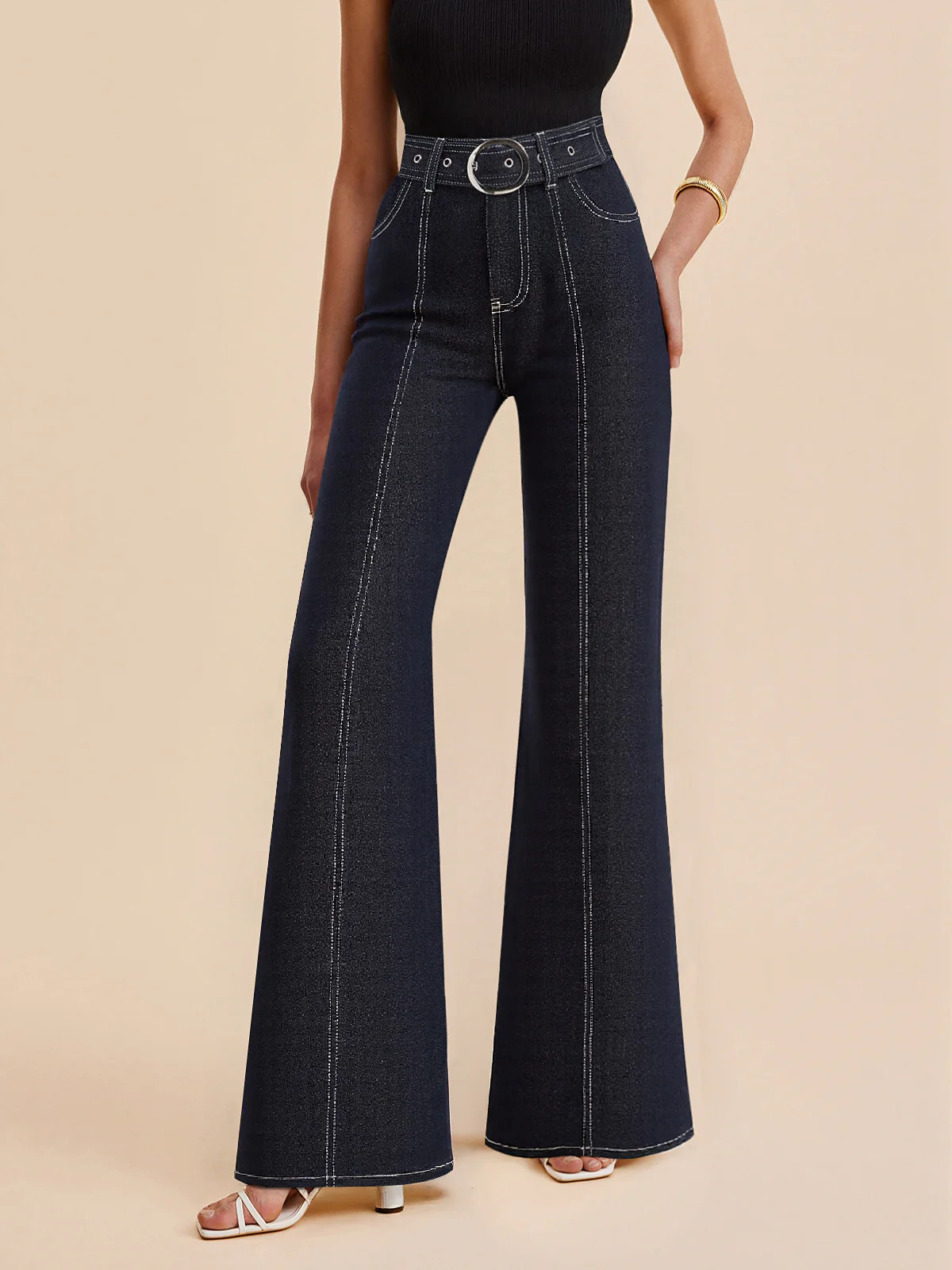 Denim Contrast-Stitch Pants with Belt | Commense