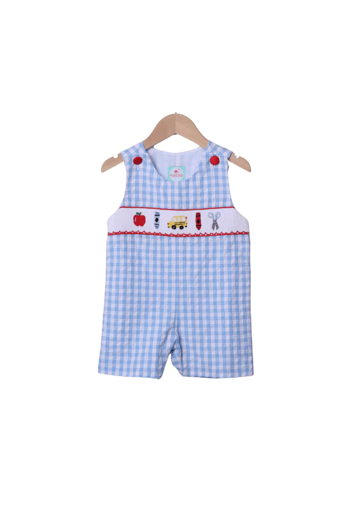 Smocked School Bus Blue Gingham Seersucker Jon Jon | The Smocked Flamingo