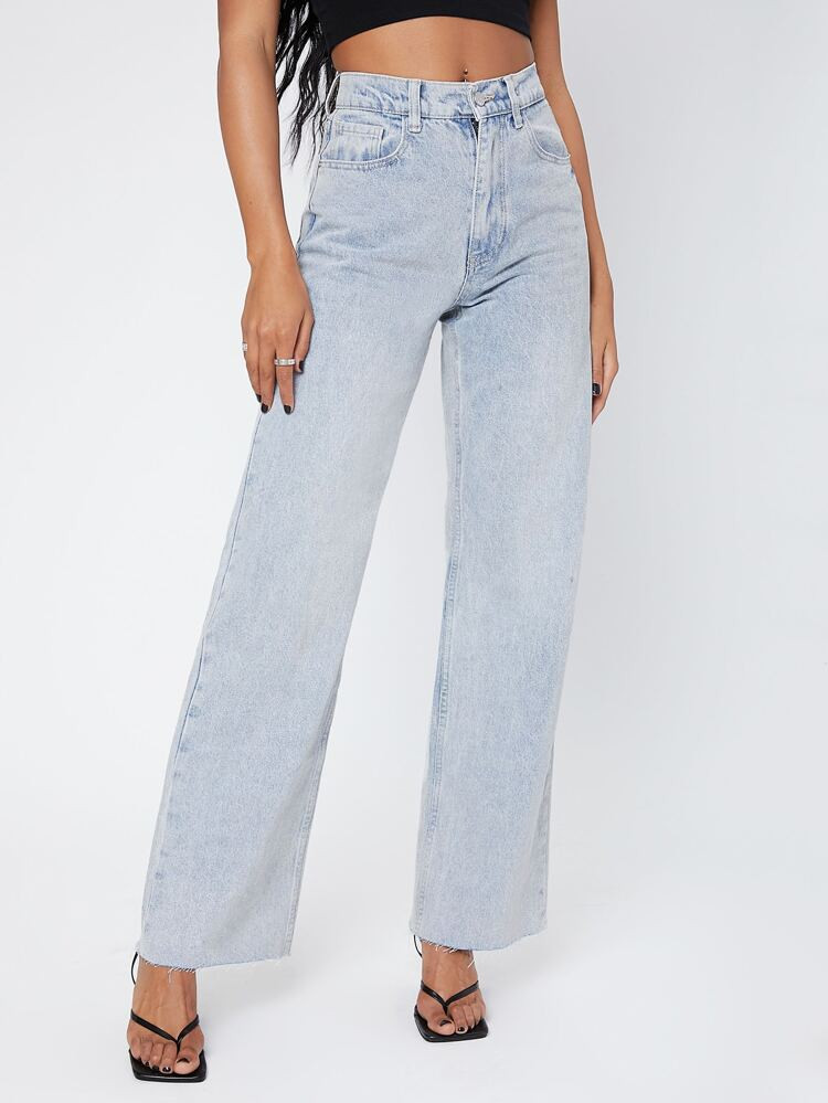 High Waisted Raw Hem Light Wash Jeans | SHEIN