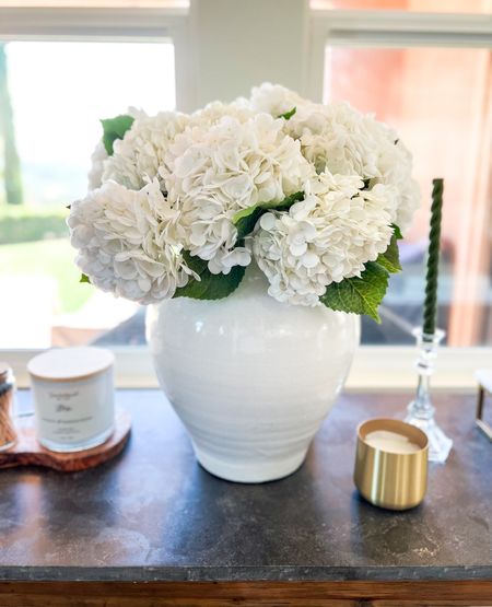 I found the best artificial hydrangeas!  They’re so pretty and realistic looking. I just bought another set to make this vase more full (a total of 9).  The vase is from Pottery Barn.  I linked one that is very similar. 

#LTKhome