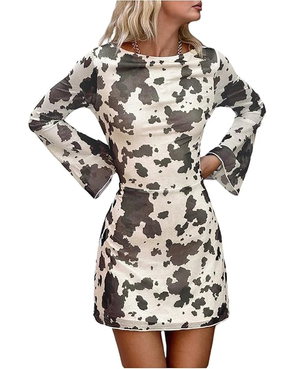 MakeMeChic Women's Cow Print Mini Dress Crew Neck Tie Open Back Long Sleeve Fall Y2K Dresses | Amazon (US)