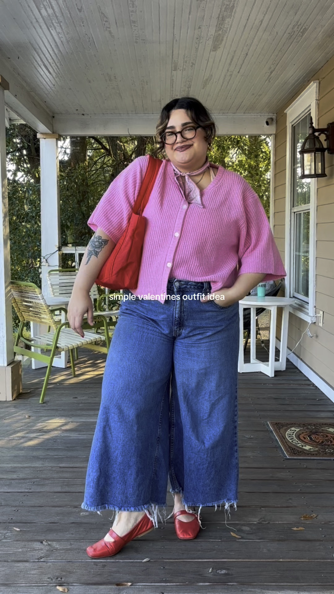 Casual valentines outfit 💘 pink short sleeve cardigan, wide leg jeans, red Mary Jane flats
