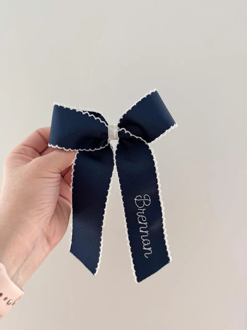 Navy Moon stitched Embroidered Hair Bow, monogram hair bow, ribbon hair bow, cute hair bow, embro... | Etsy (Global)