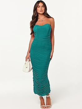 ANRABESS Women Ruched Bodycon Dress 2023 Summer Sexy Strapless Sleeveless Slit Party Cocktail Clu... | Amazon (US)