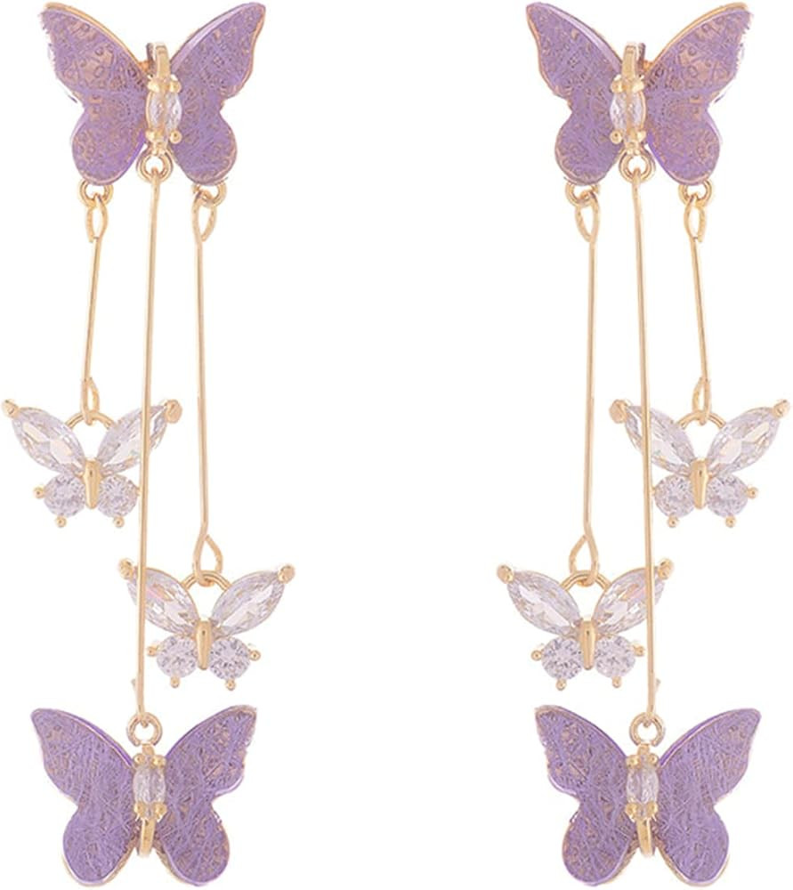Purple Butterfly Tassel Style Zircon Earrings for Women Crystal Rhinestone Drop Earrings Long But... | Amazon (US)