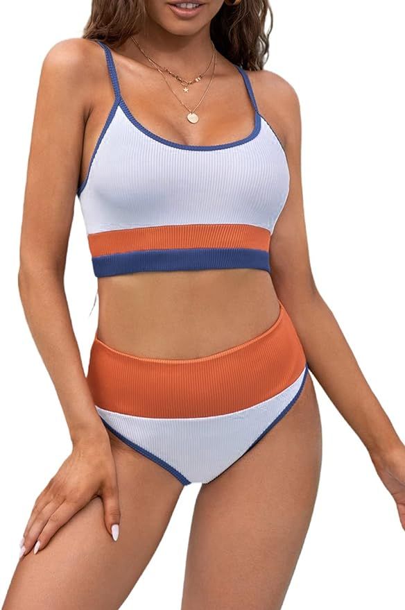 Herseas Women High Waist Bikini Set Color Block Striped Knit Ribbed Two Piece Swimsuits | Amazon (US)