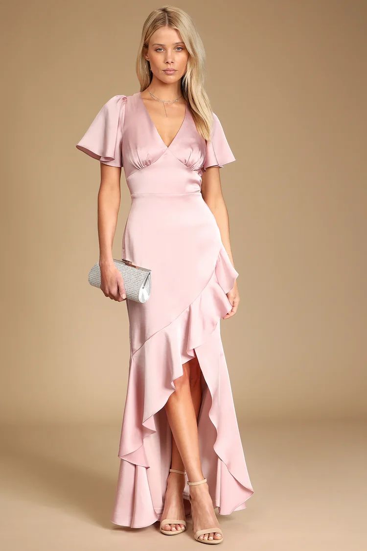 Eternal Bond Blush Satin Ruffled Flutter Sleeve Maxi Dress | Lulus (US)