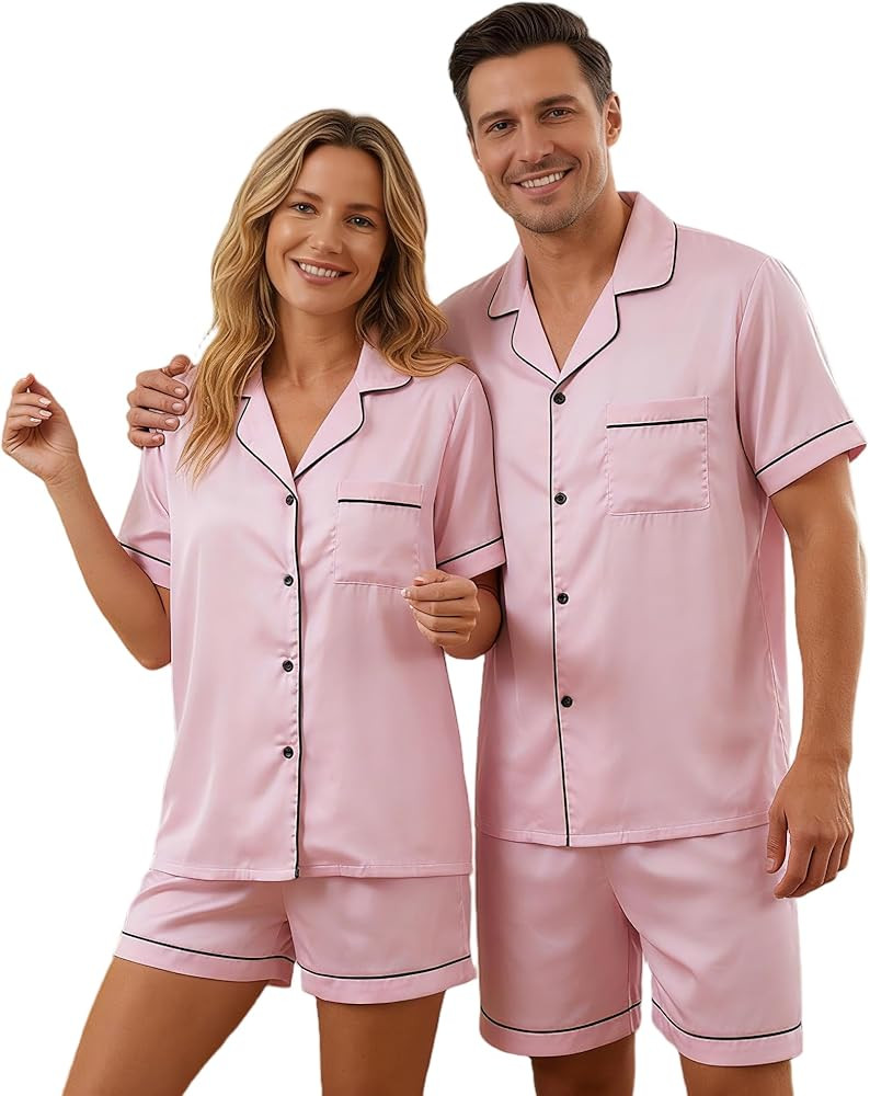 His and Hers Summer Satin Pajamas-Short Sleeve Button Down Silk Pjs Set for Couples | Holiday Paj... | Amazon (US)