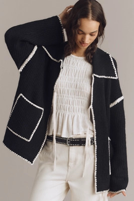 Flat White Collared Whipstitch Cardigan Sweater | Anthropologie (US)