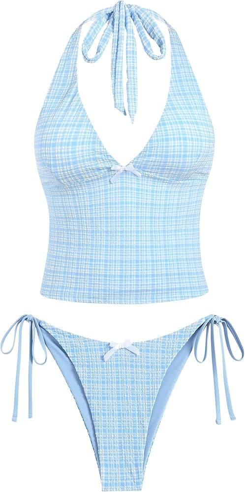 ZAFUL Women's Halter Tankini Set V Neck Tummy Control Floral Printed Tie Side Thong Bikini Swimsu... | Amazon (US)