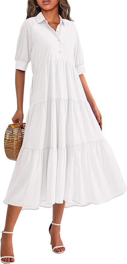PRETTYGARDEN Summer Dress for Women Short Sleeve Button Up Ruffle A Line Flowy Maxi Dresses | Amazon (US)