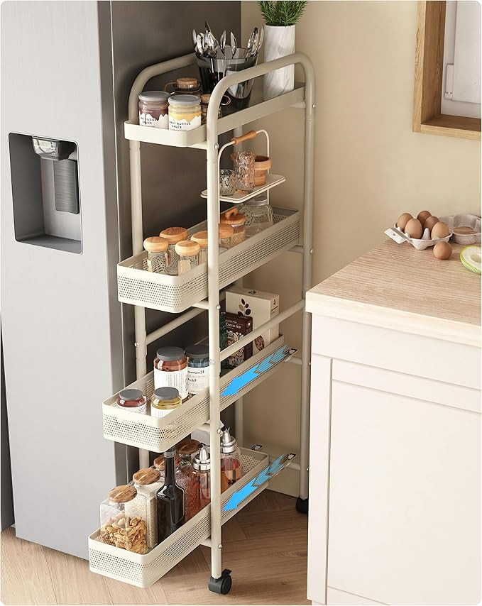 Slim Storage Cart 4 Tier with Pull Out Basket Bathroom Organizer Rolling cart, Rolling Utility Ca... | Amazon (US)