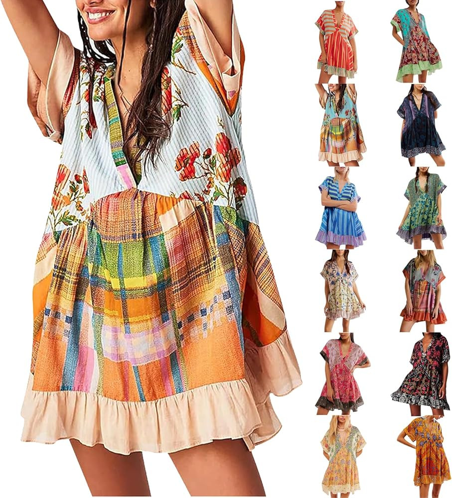 Badoll Dress for Women 2024 Summer Boho Dresses Deep V-Neck Ruffle Mini Dress Casual Loose Flowy ... | Amazon (US)