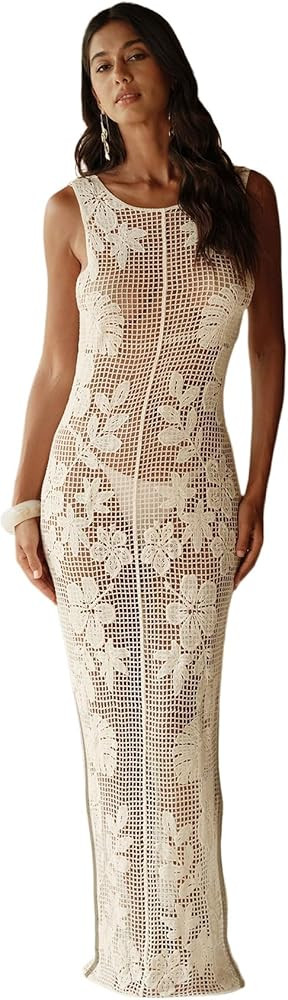 WDIRARA Women's Floral Crochet Sheer Cover Up Maxi Beach Dress Hollow Out Sleeveless Coverups | Amazon (US)