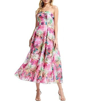 Dress the Population Mika Strapless A line Tea Length Dress With Overlay  Side Seam Pockets -  S | Dillard's