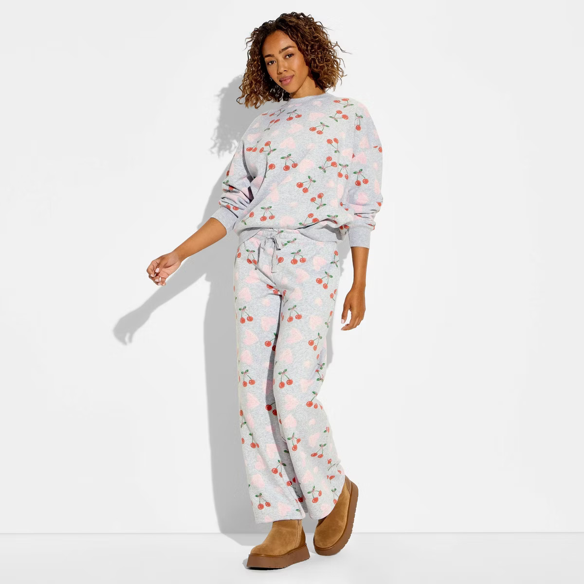 Women's Cherry Heart Fleece Graphic Pull-On Pants - Heather Gray | Target