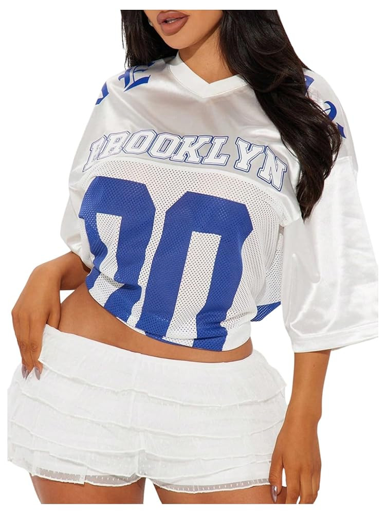 WDIRARA Women's Graphic Jersey Shirt Top Y2k Short Sleeve Tee Shirts | Amazon (US)