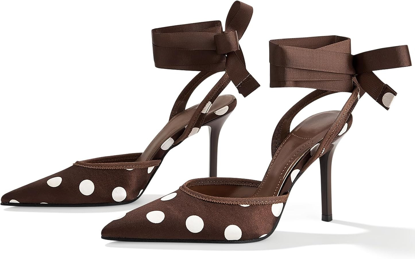 Amazon.com | baobeijiadao Polka Dot Heels for Women Pointed Toe Pumps Lace Up Satin Heeled Sandal... | Amazon (US)