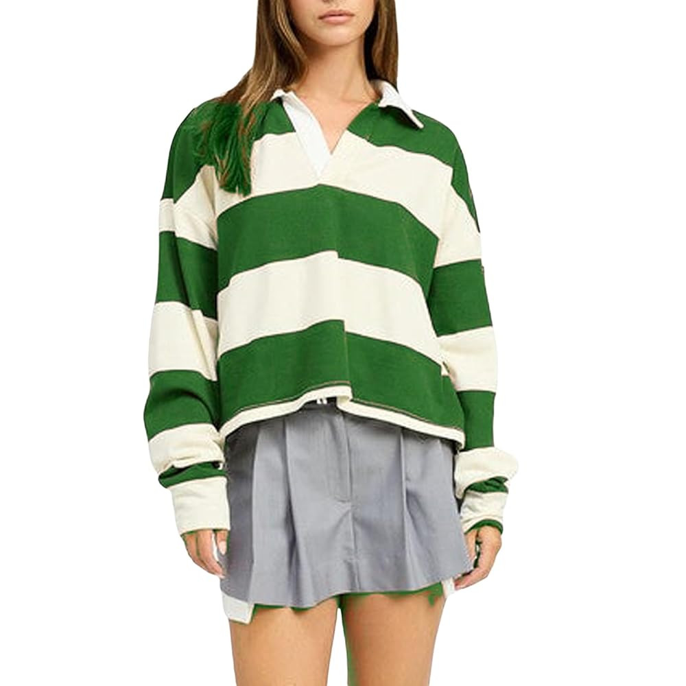 Women Rugby Polo Shirts Long Sleeve Oversized Striped Crop Tops Vintage V-Neck Pullover Tee Shirt... | Amazon (US)