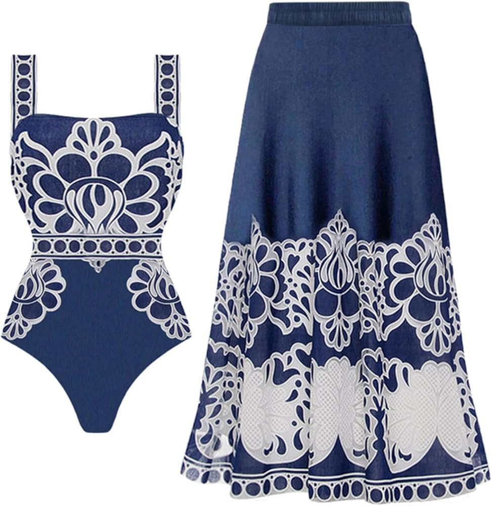FLAXMAKER Lily and Majolica Series Intertwine Pattern Print Sling One Piece Swimsuit and Skirt | Amazon (US)