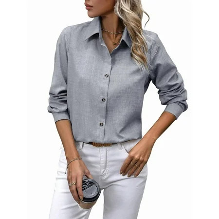 Button Down Shirts for Women Long Sleeve Blouse Shirts Casual Solid Office Work Tunic Top Light Gray M | Walmart (US)