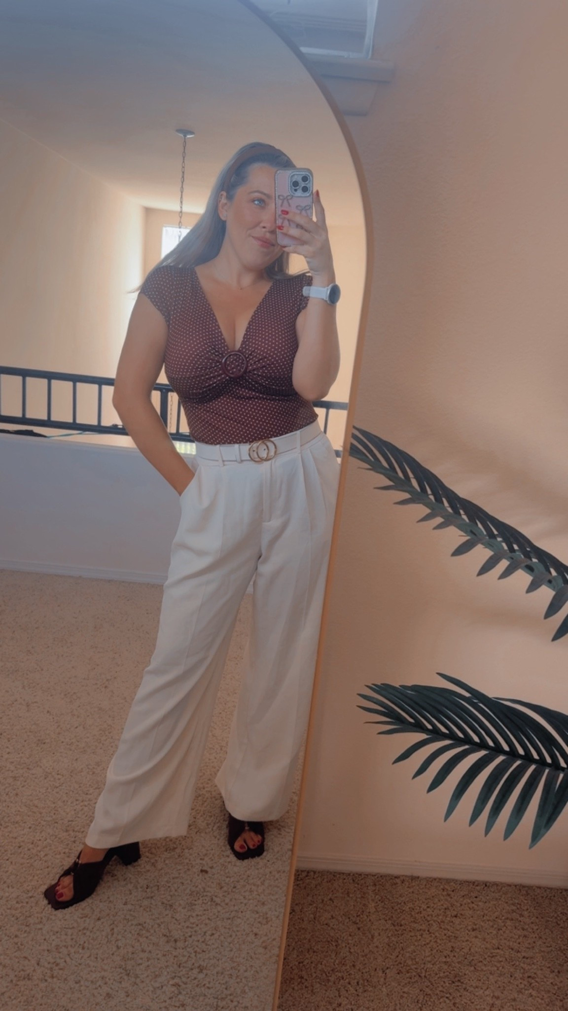 Brown polka dot short sleeve top
White trousers for work
Work outfit
Casual summer work outfit
Casual outfit ideas

#LTKootd #LTKgrwm #LTKWorkwear