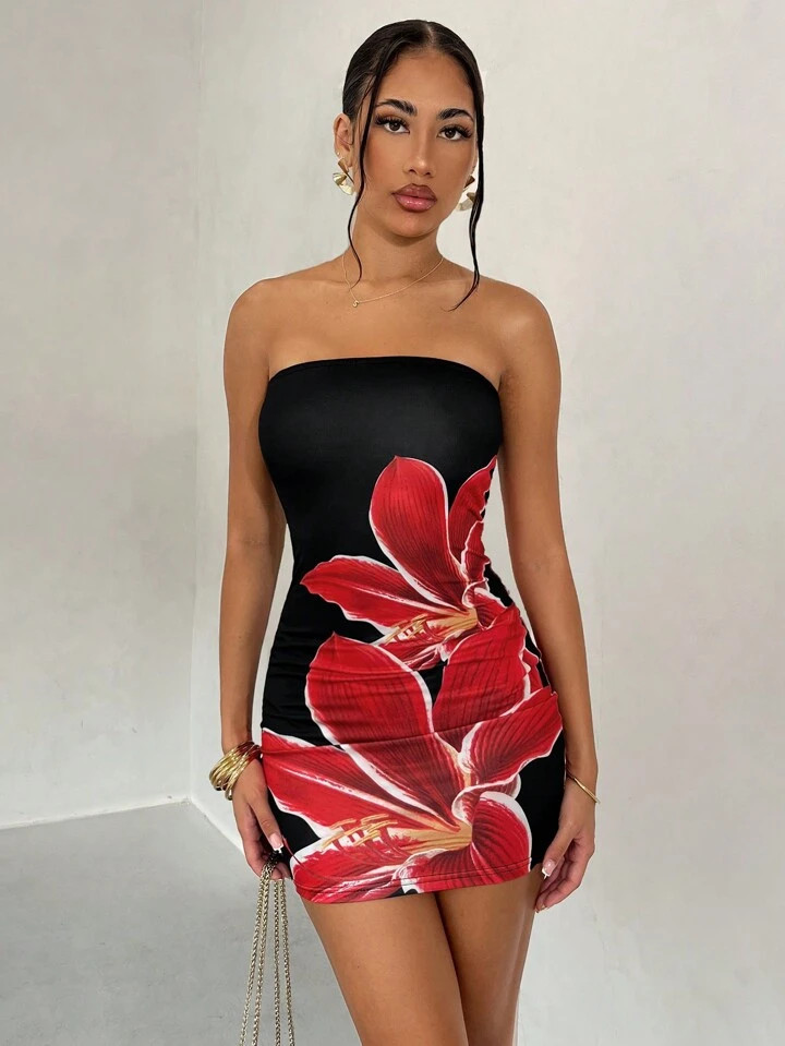 Glamine Summer Sexy Strapless Red Floral Printed Black Mini Dress | SHEIN