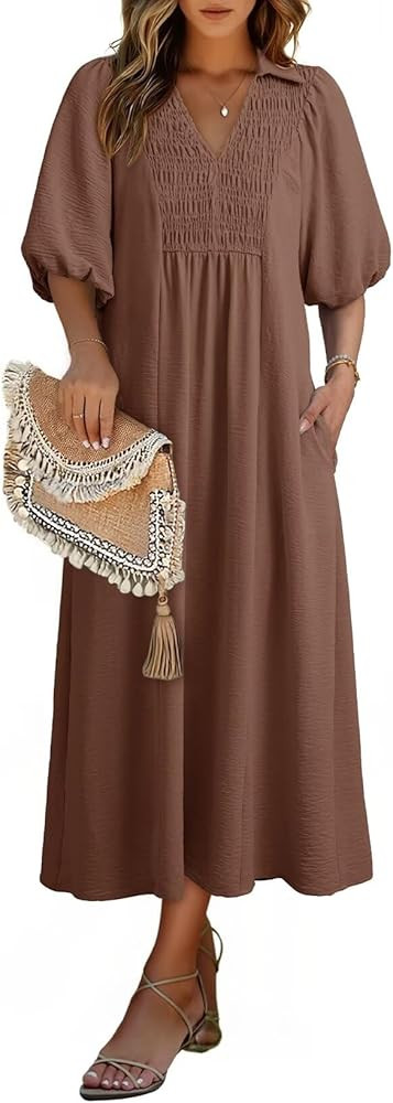 Dokotoo Summer Dresses for Women 2026 Casual Dresses V Neck Puff Sleeve Empire Waist A-Line Maxi ... | Amazon (US)