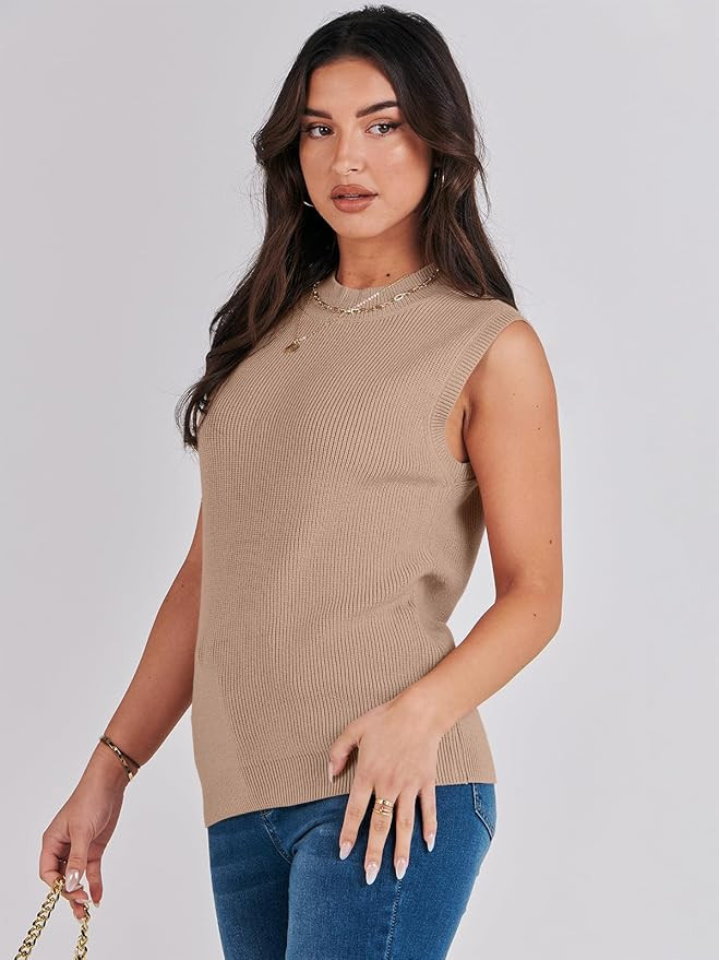 Caracilia Women's Mock Neck Sweater Vest Casual Sleeveless Ribbed Knit Pullover Tank Tops 2023 Fa... | Amazon (US)