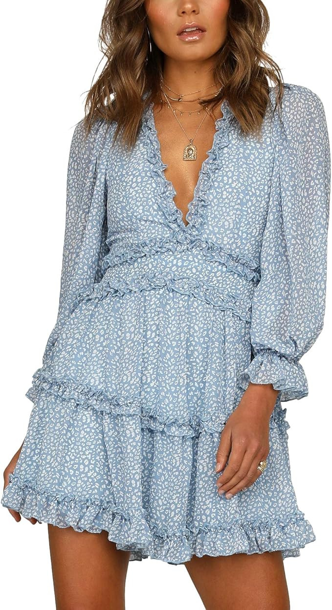 T1FE 1SFE Womens Long-Sleeve Boho Floral Print Ruffle Dress Deep V Neck Backless Swing Mini Dress... | Amazon (US)