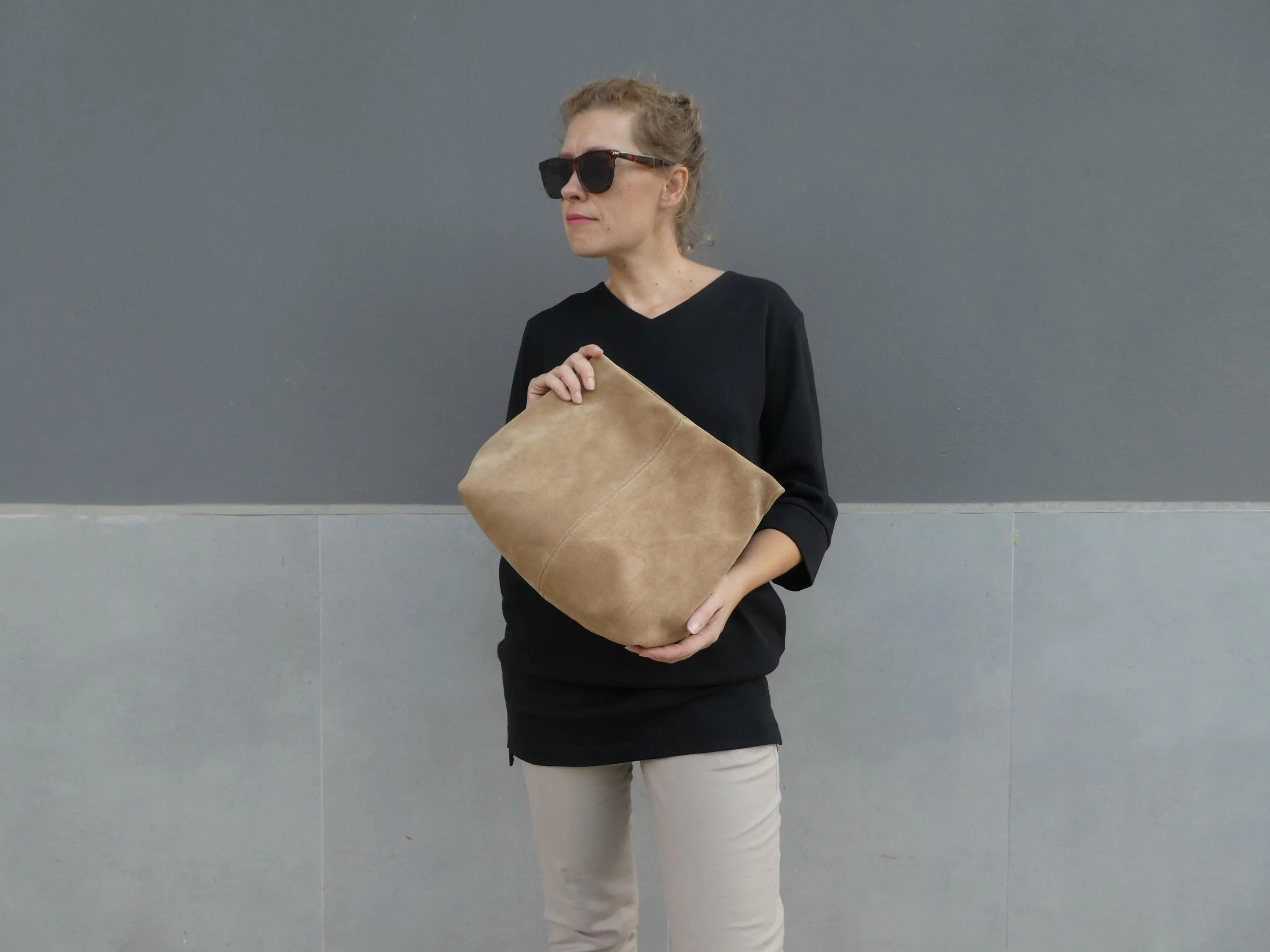 Chic Leather Clutch: Oversized Retro purse Bag, Handcrafted for Women - Black Genuine Leather or Beige suede | Etsy (Global)