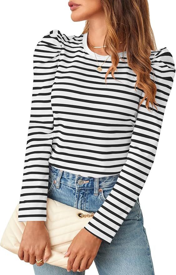 MEROKEETY Women's Puff Long Sleeve Striped Tops Crew Neck 2024 Fall Casual Knit Basic Tee Shirts | Amazon (US)