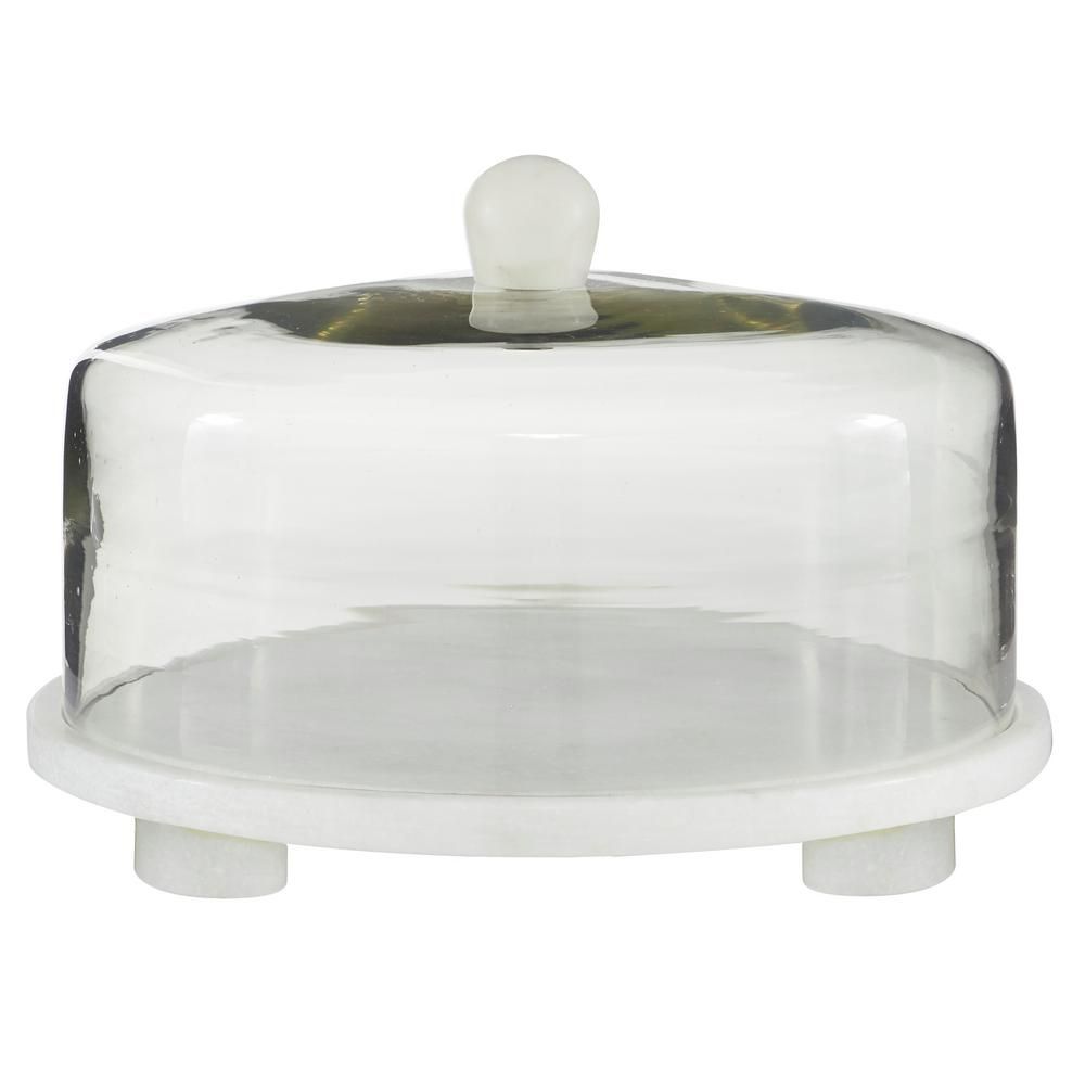 Litton Lane 1- Tier Round White Marble Cake Stand with Glass Cloche Cover, 12 in. x 8 in. | The Home Depot