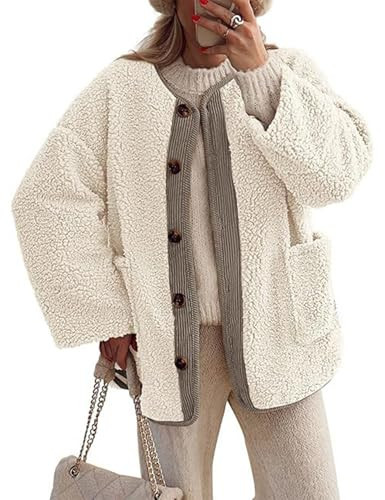 Kissonic Womens Fuzzy Sherpa Fleece Jackets Button Down Long Sleeve Corduroy Patchwork Outwear with Pockets(Beige-S) | Amazon (US)