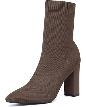 NEWBELLA Women's Pointed Toe Ankle Boots - Minimalist Chunky Heel Sock Booties, Stretch Knit Slim... | Amazon (US)
